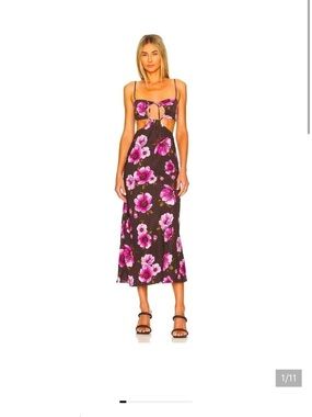 Lovers + Friends Pink Floral Cutout Midi on Black